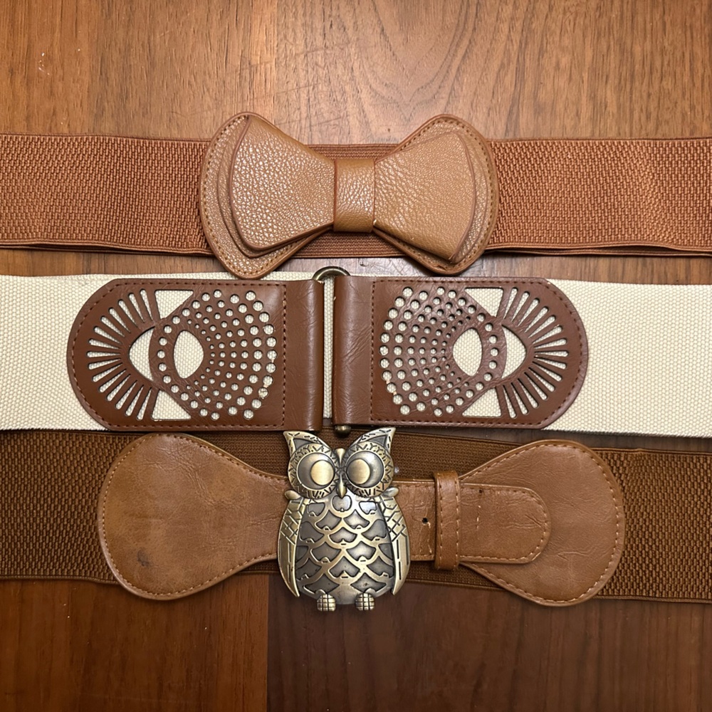 3 Vintage Style Waist Belts Bow and Owl